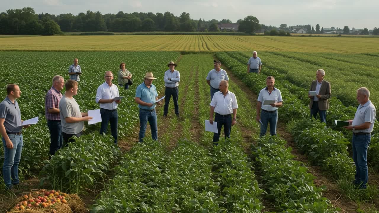 Group of agricultural professionals inspecting crops in a field