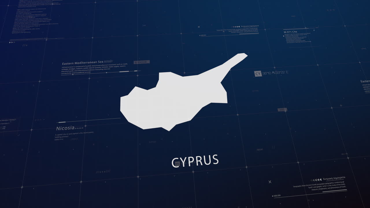 Cyprus country map comes to life with cinematic panning, unveiling key details, the capital, and slogan, providing an engaging background for corporate and commercial use