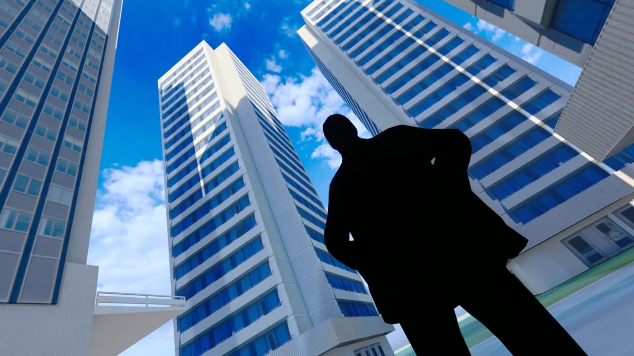 회사의 성공적인 사람들은 사무실 건물 에 서서 미래를 기대하고 있습니다.