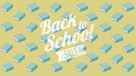 animation of back to school sale text over school items icons on green background