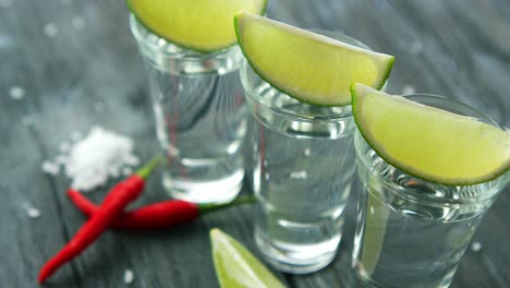 Servierte-Shots-Mit-Tequila-Und-Limettenscheiben