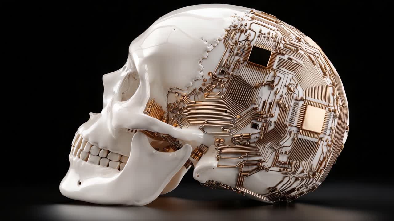 Fusione Unica di Tecnologia e Biologia: Un Teschio Adornato con Complessi Circuiti che Illustra l'Intersezione tra Vita e Macchina.