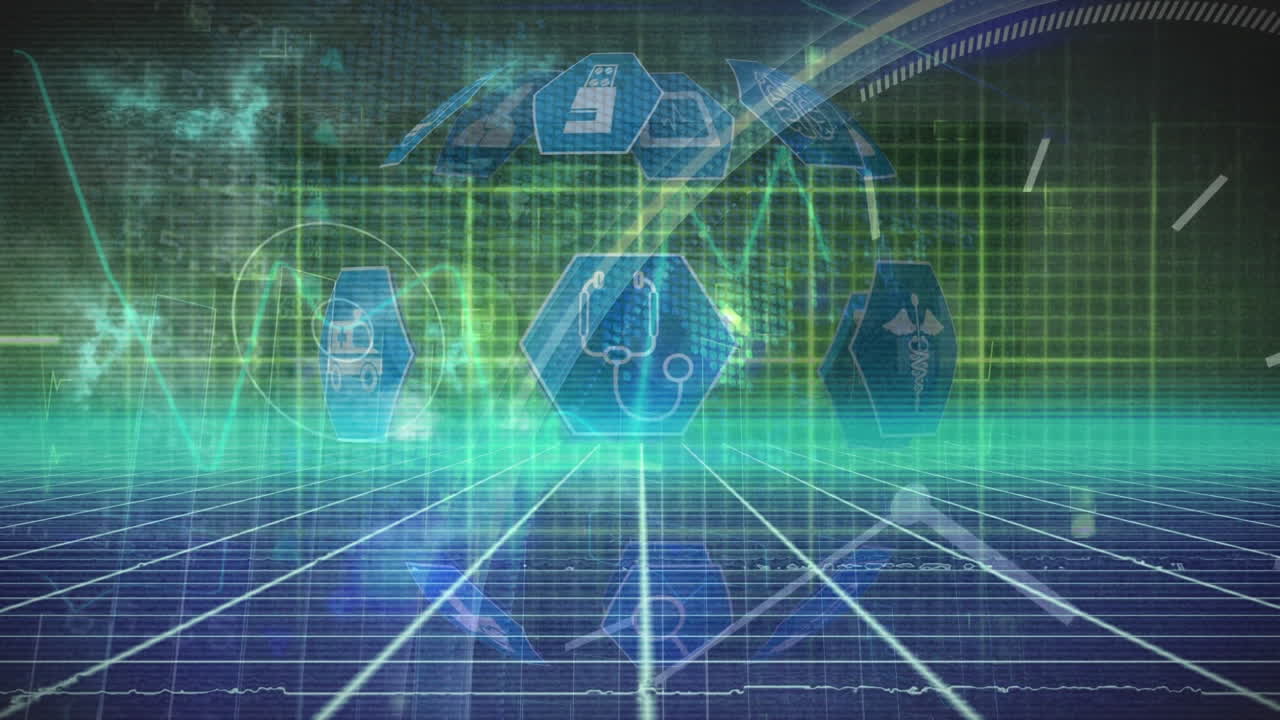 검은색 배경에 의학 아이콘과 움직이는 시계 위에 네온 선의 애니메이션