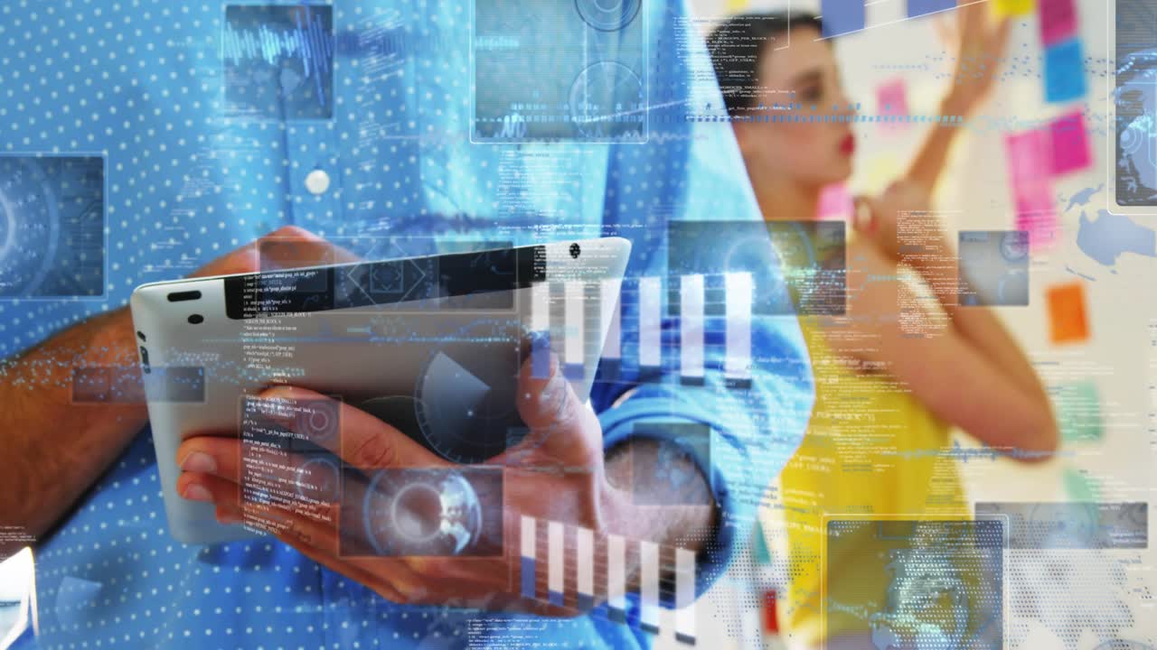 Man tapping tablet, causing HUD chart overlays while woman placing sticky notes for business plan