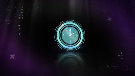 animación de un reloj que se mueve rápido y procesamiento de datos en fondo púrpura