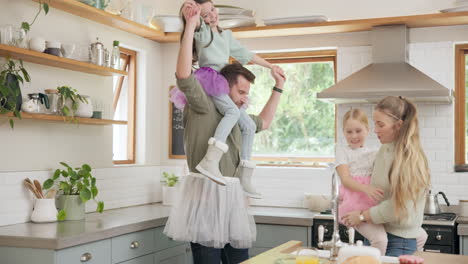 crazy, happy family and parents dancing with kids