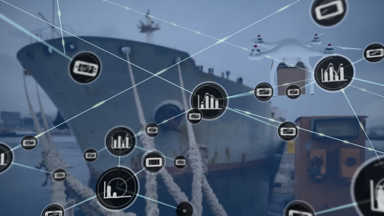 패키지를 운반하는 드론을 통해 아이콘으로 연결된 네트워크의 애니메이션