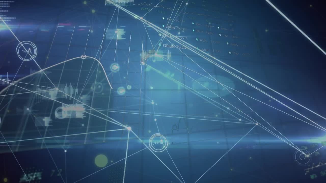 Animation of data processing and network of connections on blue background