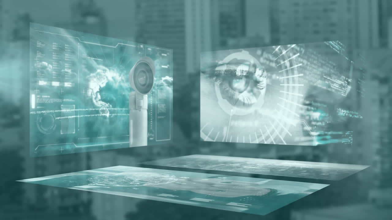 animación de pantallas de computadora con cámara moviéndose sobre el paisaje urbano en el fondo.