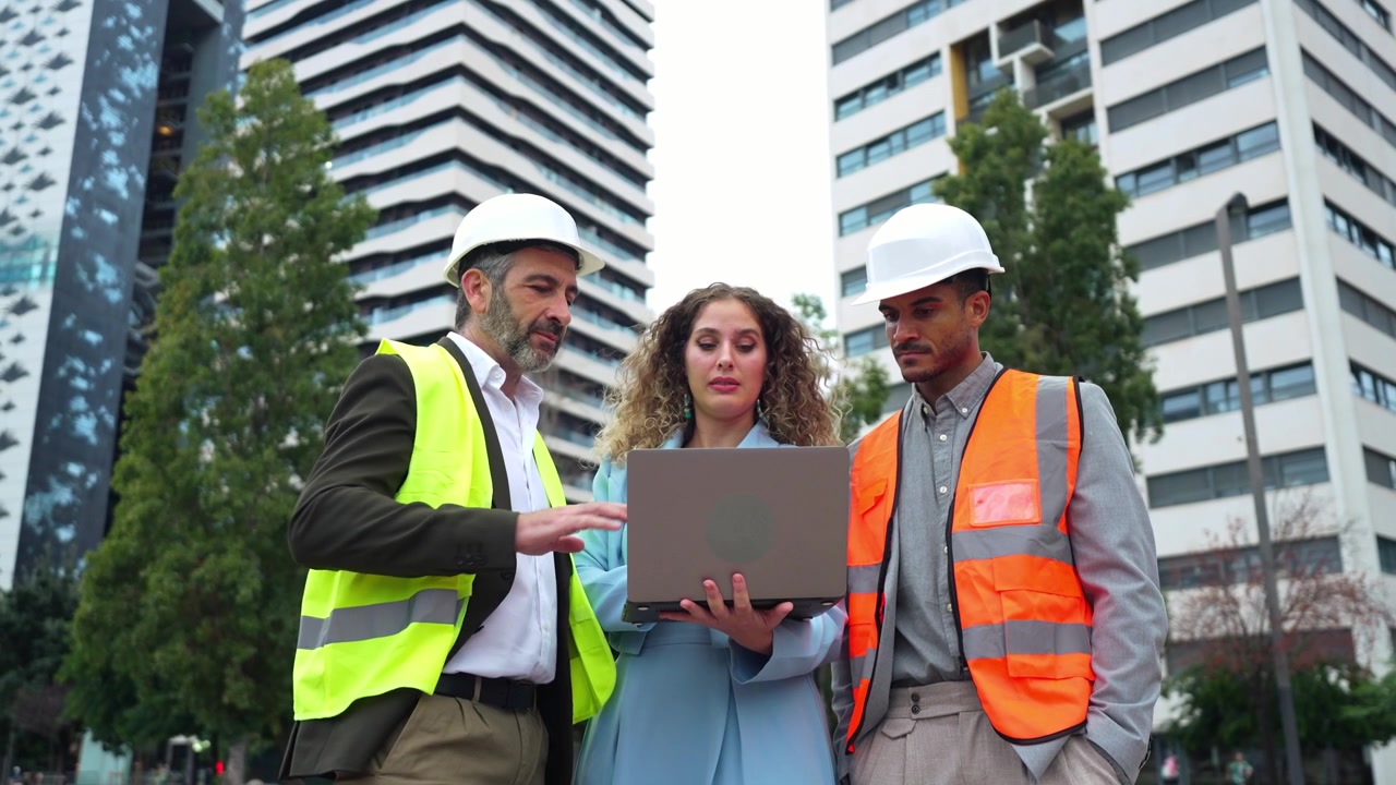 Architects and Engineer Discussing Project on Laptop at Construction Site