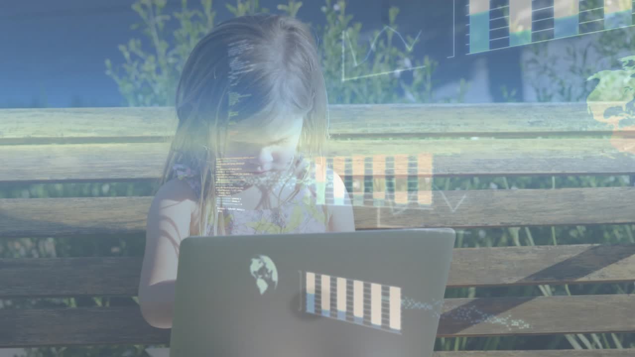 Girl tapping laptop key and visualizing tech data, emerging bar charts, globe icon and code panels