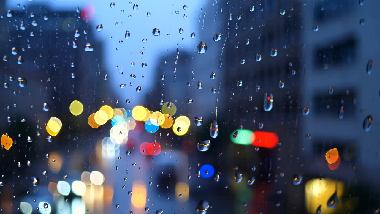 夜、ぼやけた街の光を背景にした窓の雨粒