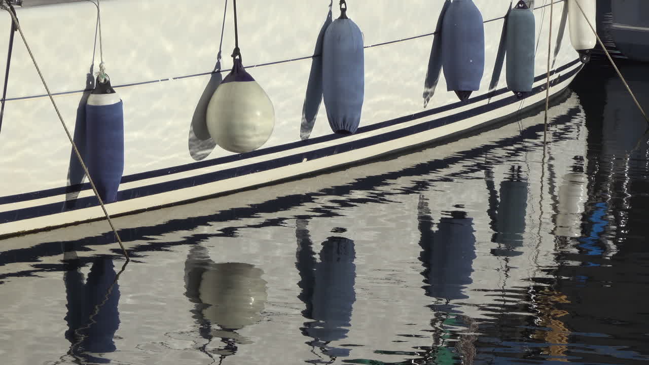Close up of the side of a boat docked in the water, with fenders hanging from its hull