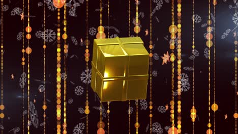 animation of christmas gold stars, presents falling over gold light trails on black background