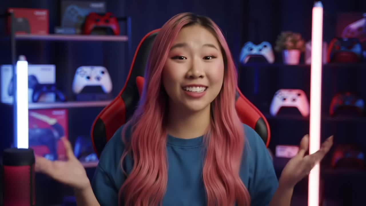 Engaging Gamer Host with Pink Hair Enthusiastically Explaining Game Mechanics in a Colorful Streaming Setup Surrounded by Game Controllers and LED Lights
