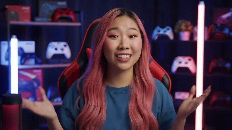Entusiasta streamer con capelli rosa che spiega con passione le meccaniche di gioco in un colorato ambiente da streaming, circondato da controller e luci LED