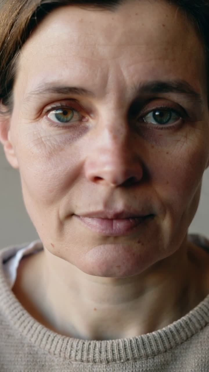 Video verticale: Telecamera che riprende una donna che fa piccoli ammiccamenti in studio, con un maglione beige per un ritratto fotografico.