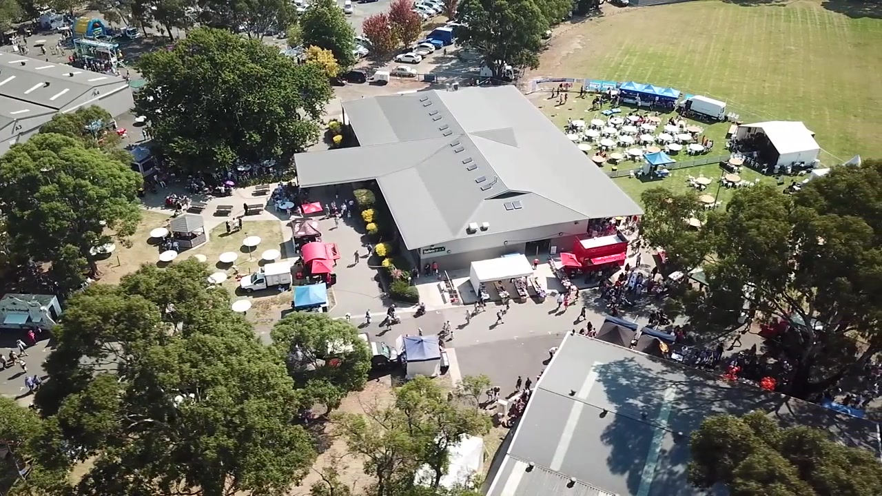 Aerial view of a festival in the outer suburbs of Melbourne, Victoria, Australia. March 2019.