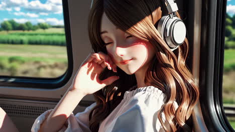 anime girl listening to music on a train