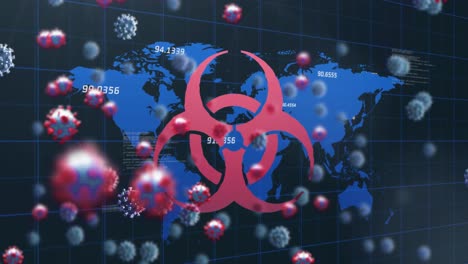 Animation-Des-Biohazard-Schildes-über-Schwebenden-Coronavirus-Zellen