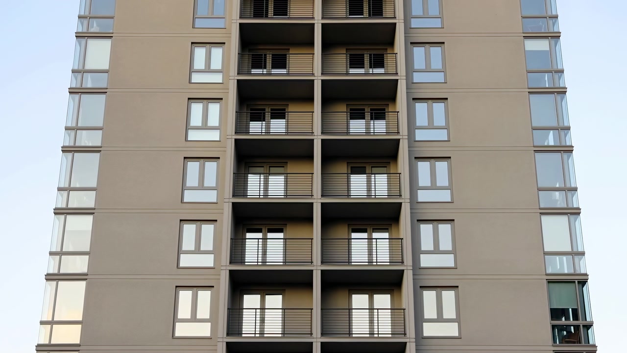 Un edificio residencial de gran altura se alza prominentemente en un entorno urbano durante el día, ofreciendo una vista lateral con un ambiente neutro. La estructura está construida con hormigón y accu