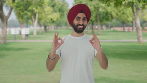 hombre indio sikh feliz mostrando un letrero de ok en el parque