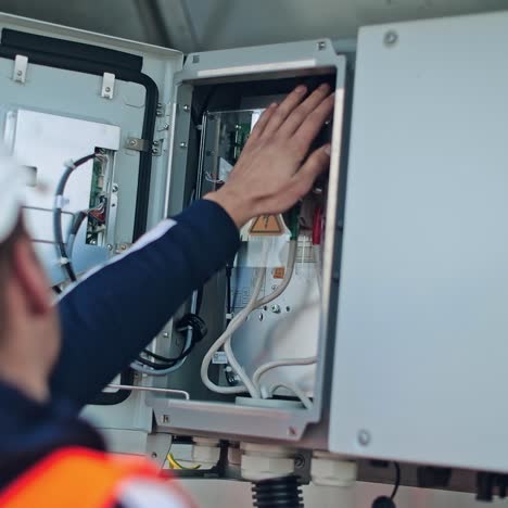 electrician checks the wires of electric system. male engineer controls the operation of the power system on a transformer.