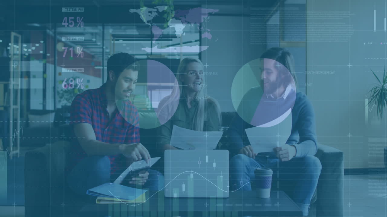 Animation of financial data processing over diverse colleagues discussing work in office