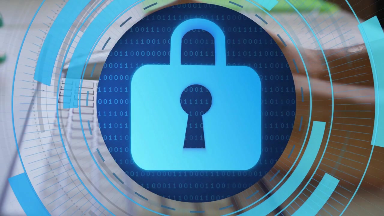Woman typing on white keyboard, typing spawning blue rings over hands, padlock HUD showing security