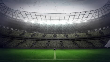 football breaking glass over networking of connections against sports stadium in background