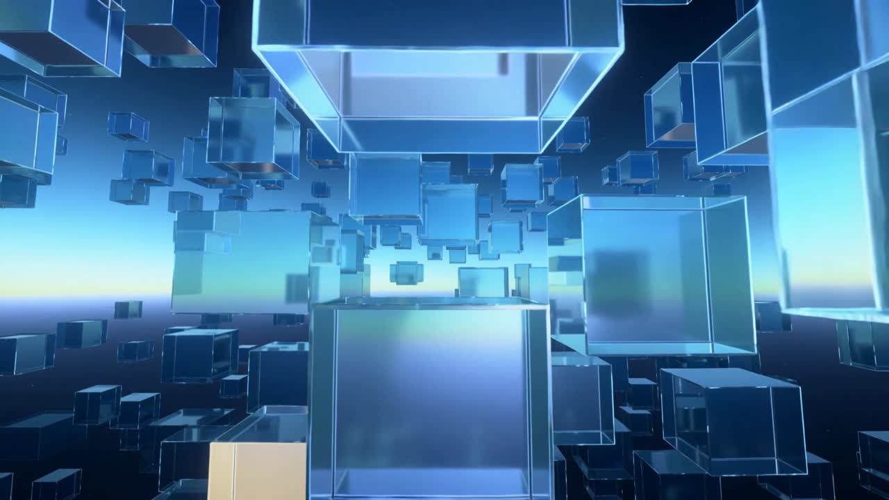 Advancing camera revealing large foreground transparent blue cubes in 3D field, exposing depth
