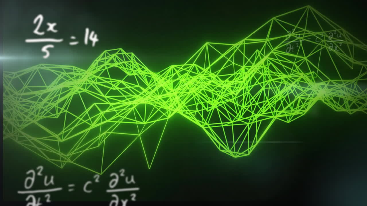 Animation of mathematical equations over network of connections on black background