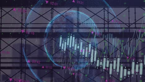 Animation-of-data-processing-over-scaffolding-against-globe-and-cityscape