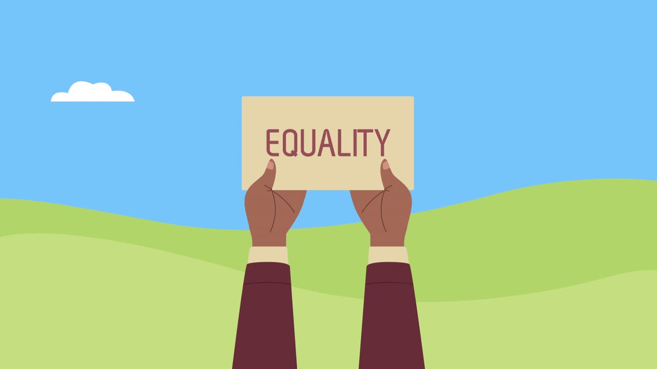 equality lettering in label hands lifting animation