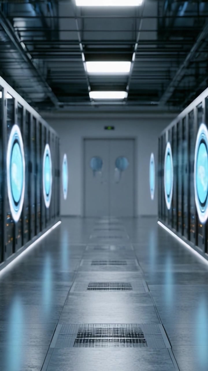 Un corridoio di data center ad alta tecnologia che mostra rack server avanzati con display luminosi e illuminazione moderna per operazioni digitali ottimizzate.