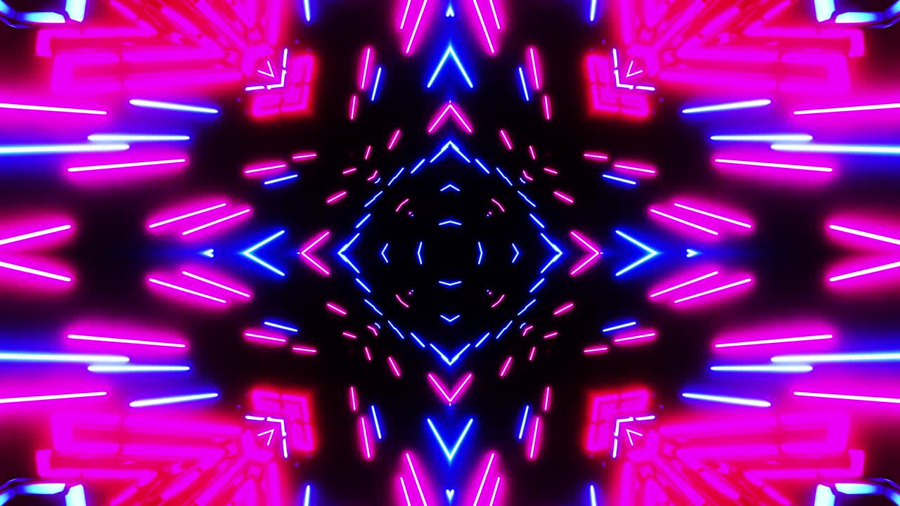 Sfondo neon rosso e blu con frecce luminose sfumate, che indicano la direzione in avanti. Loop VJ caleidoscopico