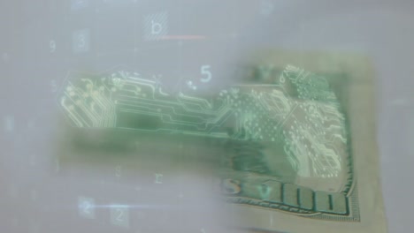 Animation-of-numbers,-scanning-and-security-key-over-dollar-banknote