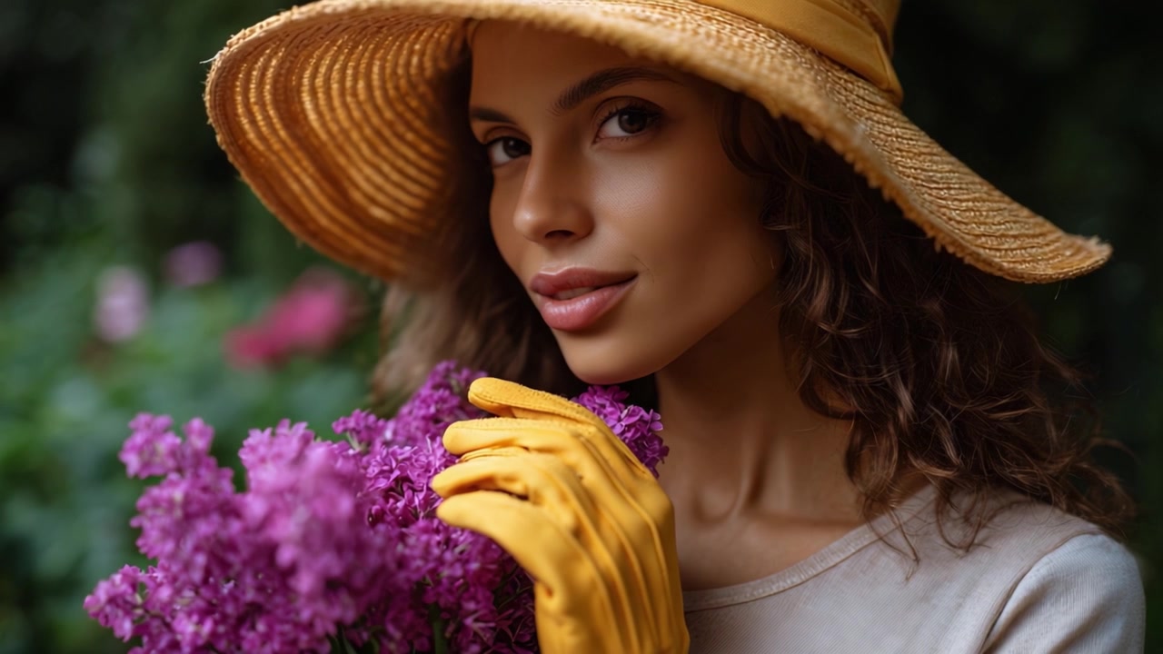 Una donna con un cappello di paglia tiene delicatamente vivaci fiori viola, emanando un senso di tranquillità e connessione con la natura, evidenziando la bellezza naturale e i momenti di gioia.