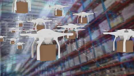 drones flying in the sky with boxes