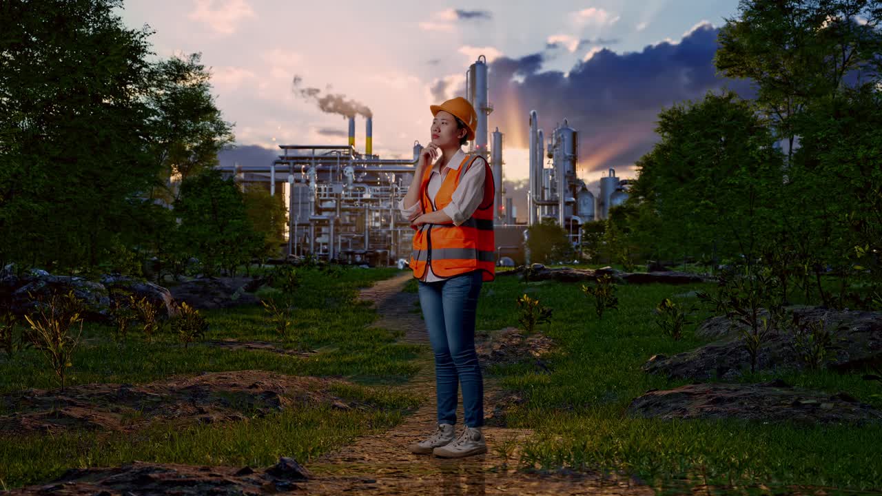 Full Body Side View Of Asian Female Engineer With Safety Helmet Thinking And Looking Around Then Raising Her Index Finger While Standing In Front Of Oil Refinery
