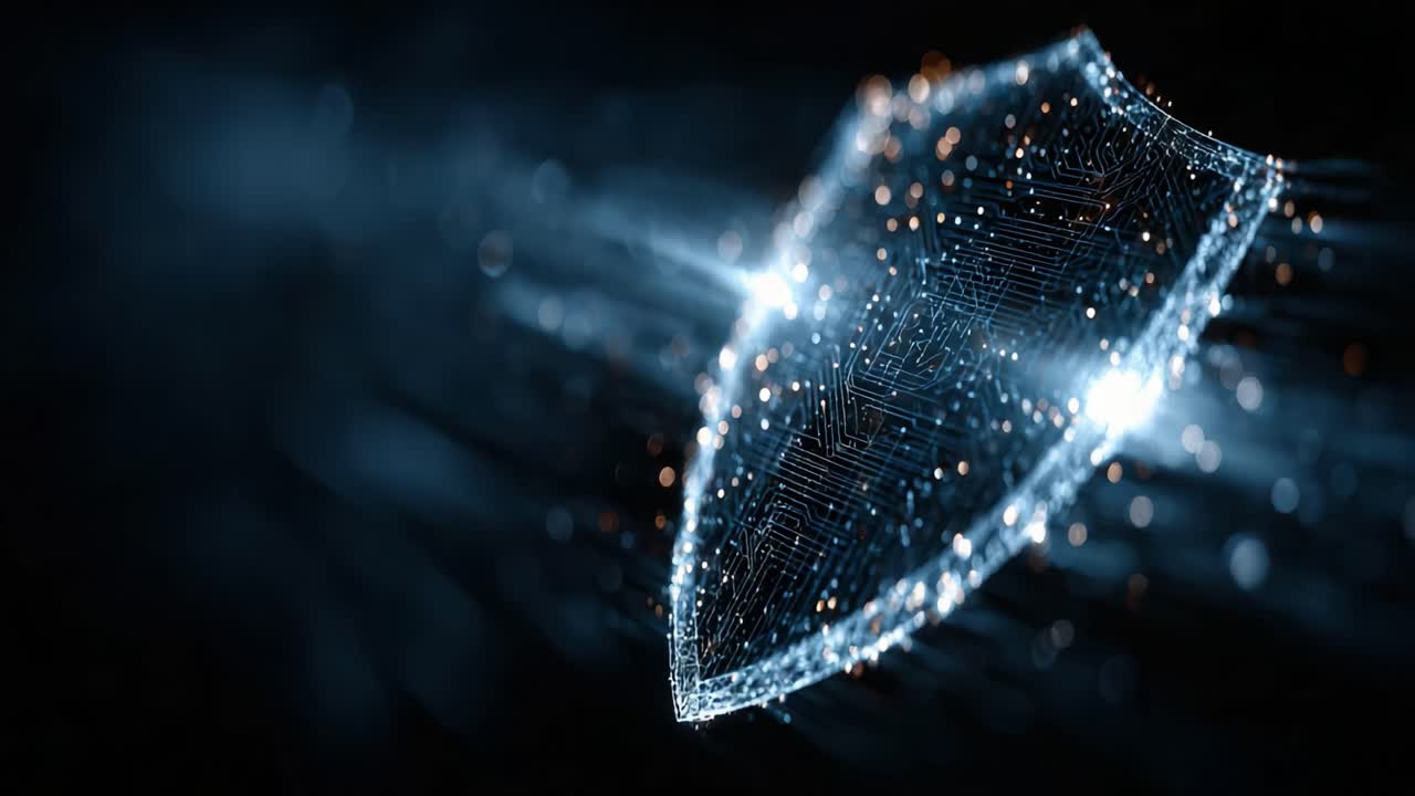 A Digital Shield Glowing with Data Streams: An Abstract Representation of Cybersecurity Protection and Advanced Technology in a Futuristic Environment