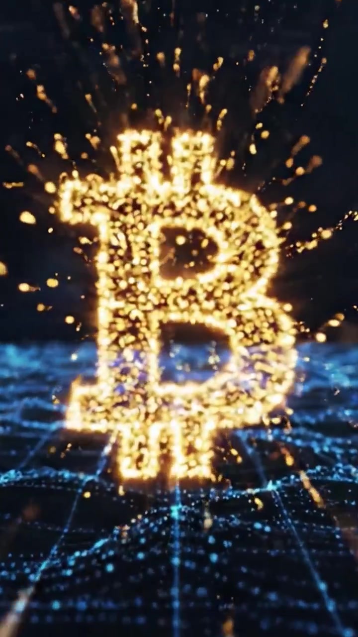 Un viaggio visivo attraverso il regno digitale, che mostra l'emergere dinamico di un simbolo Bitcoin luminoso su uno sfondo di flussi di dati e reti vibranti