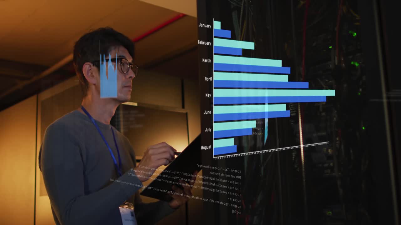 Multiple screens with data processing against asian male engineer working in computer server room