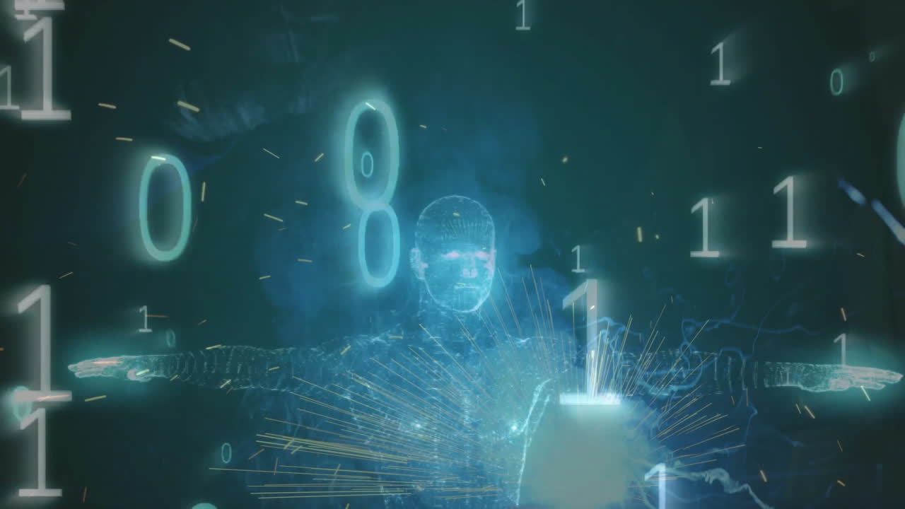 Wireframe humanoid standing in cyberspace technology landscape, binary digits swirling with sparks
