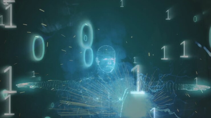 Wireframe humanoid standing in cyberspace technology landscape, binary digits swirling with sparks
