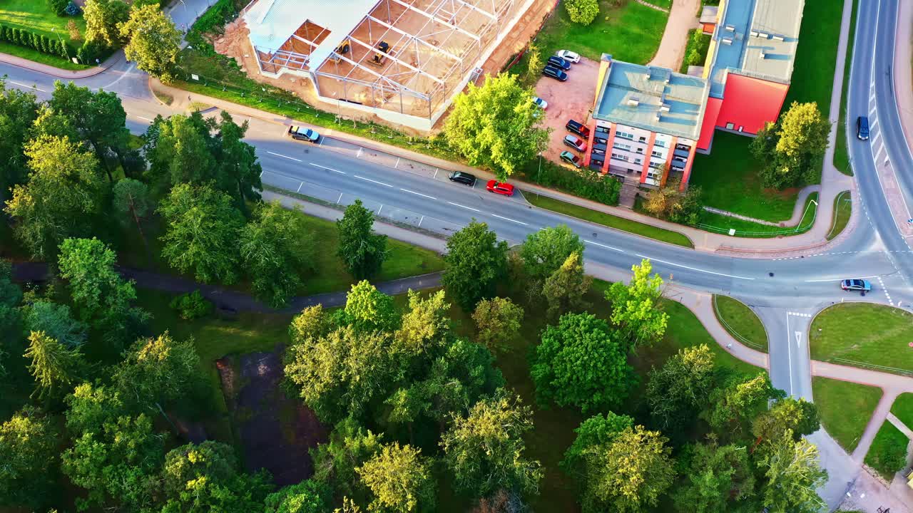 Aerial view of retail store building construction next to apartments in Smiltene, Latvia