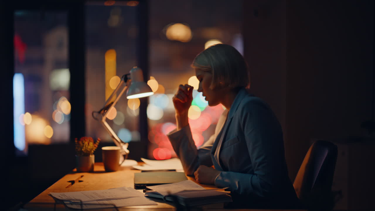 Segretaria che fa multitasking fino a tardi, lavorando in ufficio di notte. Donna che spegne il computer