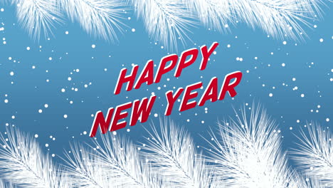 Animated-closeup-Happy-New-Year-text-and-winter-landscape-with-snowflakes-and-Christmas-tree-branches-on-holiday-background