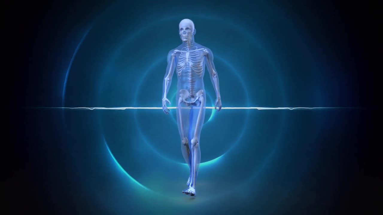 animación de un humano caminando sobre círculos azules