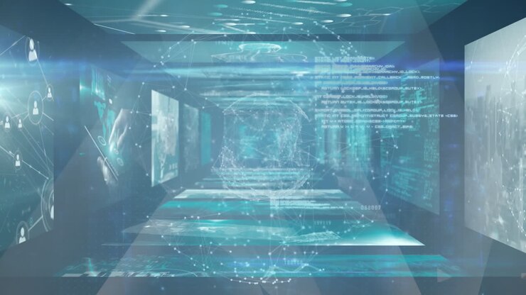 Animation of globe and screens with data processing